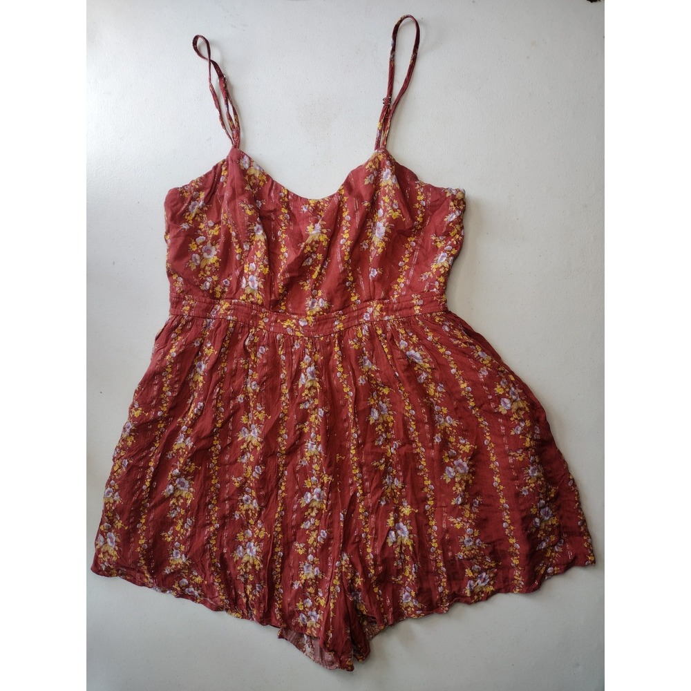 Forever 21 Rust Red‎ Floral Metallic Stripe Romper Sweetheart Neckline Size M